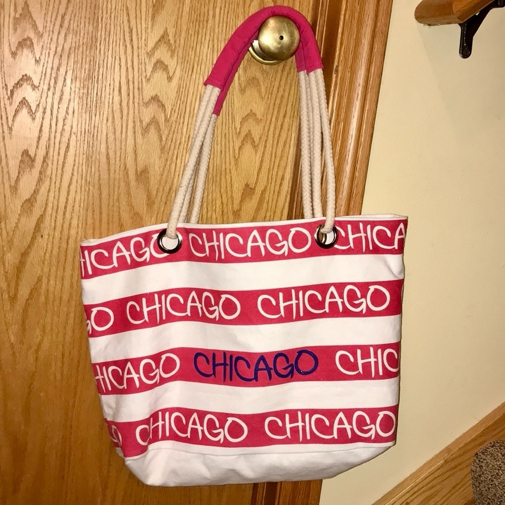 Chicago pink white navy striped canvas zip top tote beach bag rope handle EUC